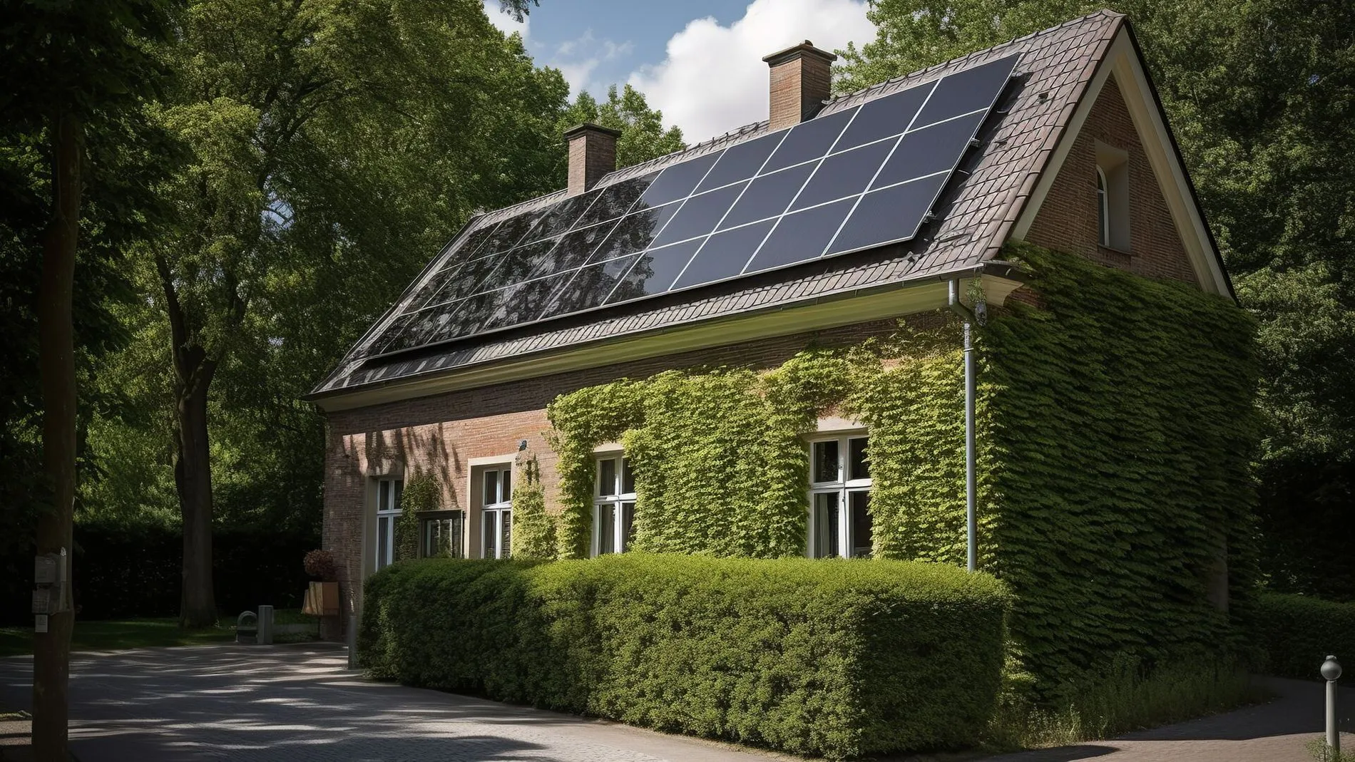 Elegant house with solar panels and tree-shaded facade. generative ai.jpg